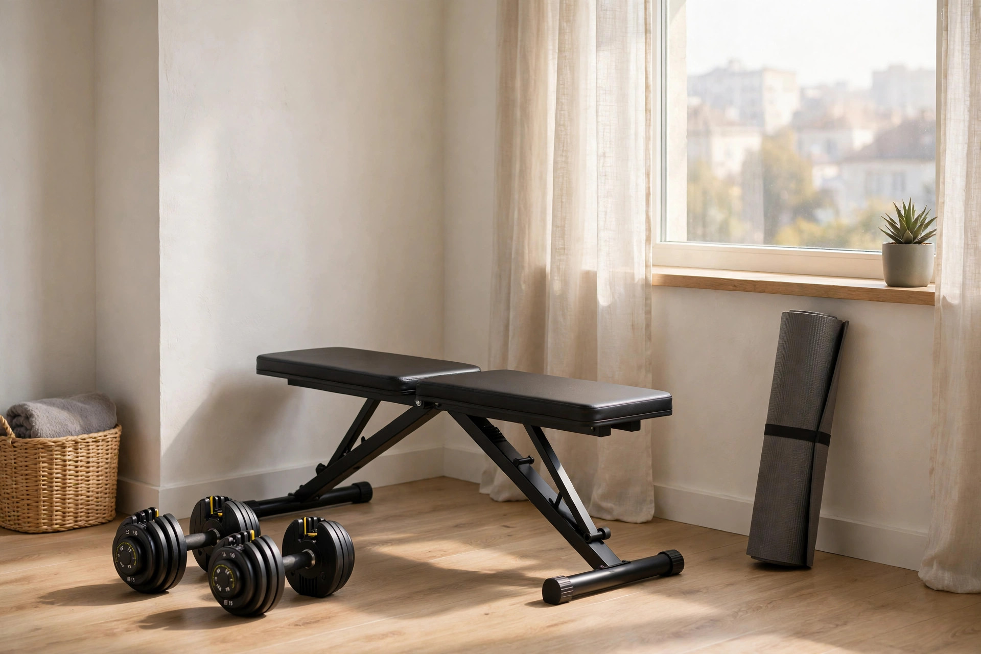 Compact budget home gym in a small room