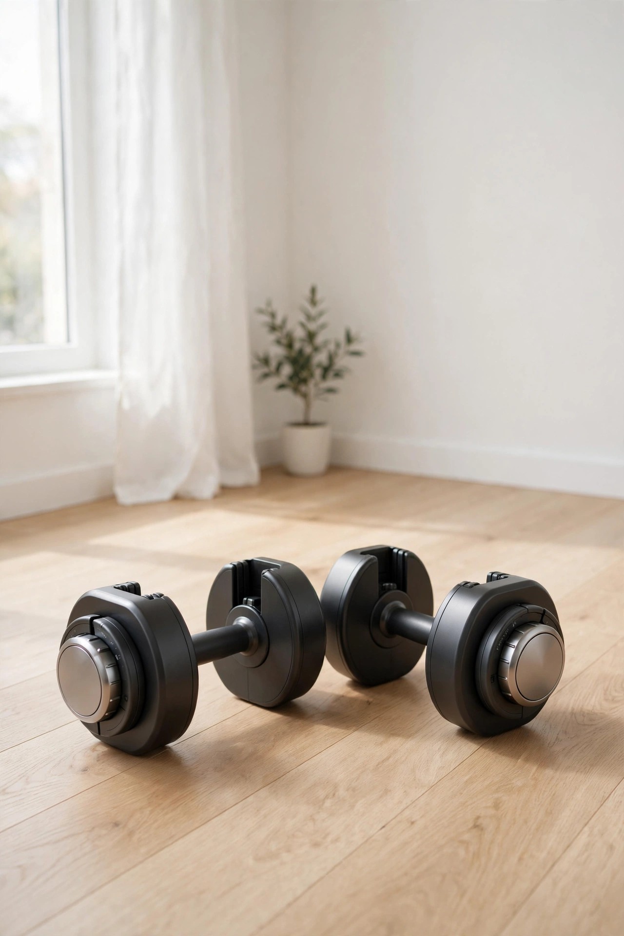 Adjustable dumbbells in a minimalist home gym