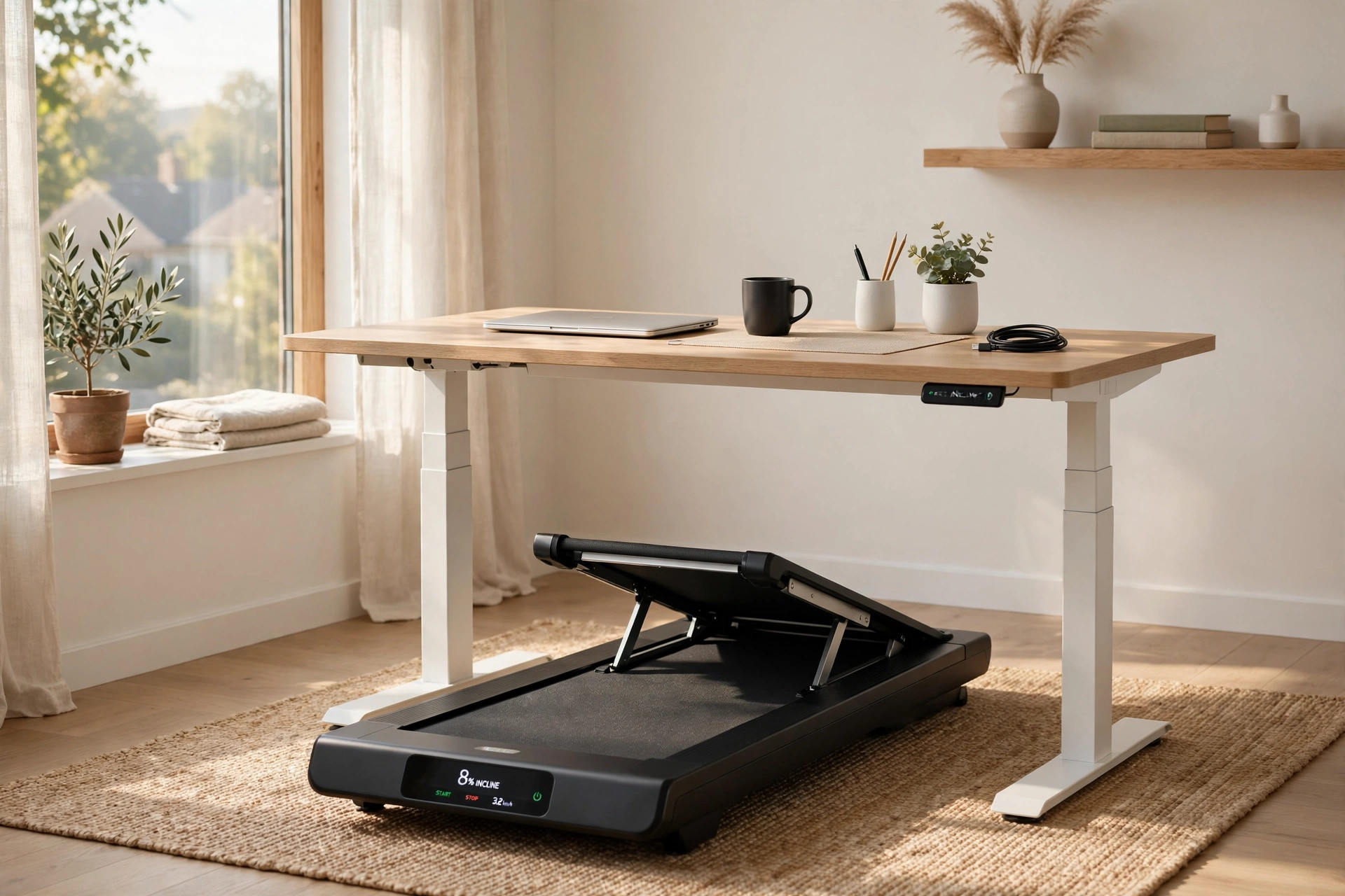 Walking pad with incline under a standing desk